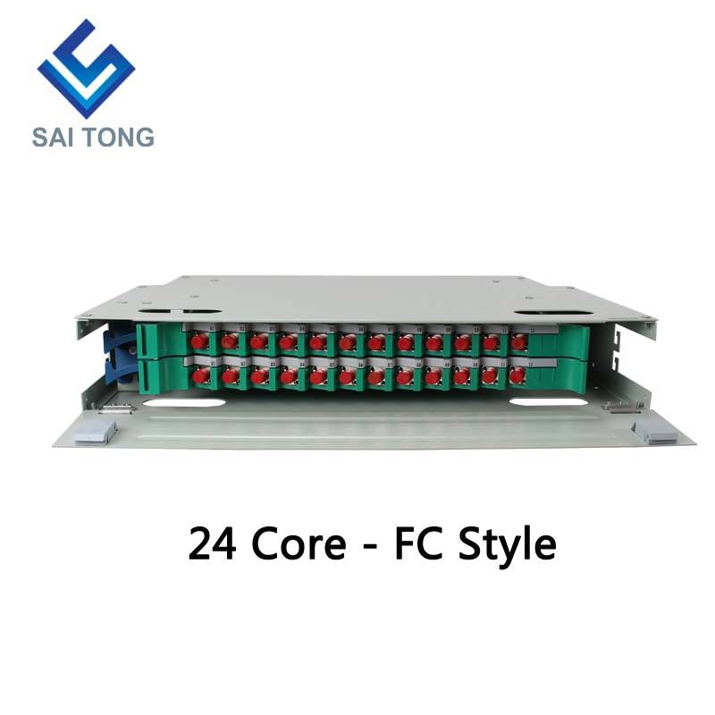 SaiTong FTTH 19 Polegada Montagem em Rack Gabinete de 24 Portas SC/FC ODF 2 U 24 núcleos Quadro de Distribuição de Fibra Óptica Carga Total Opcional