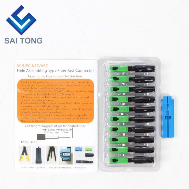 SC APC UPC monomodo conjunto de campo azul verde conector rápido óptico conector rápido de fibra óptica para cabo drop ftth